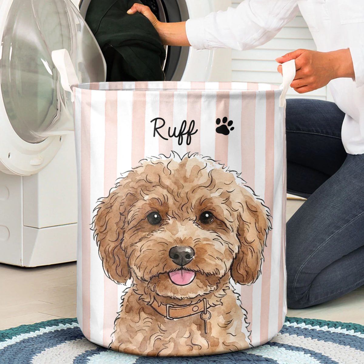 Custom Striped Pattern Watercolor Pet Portrait - Personalized Basket
