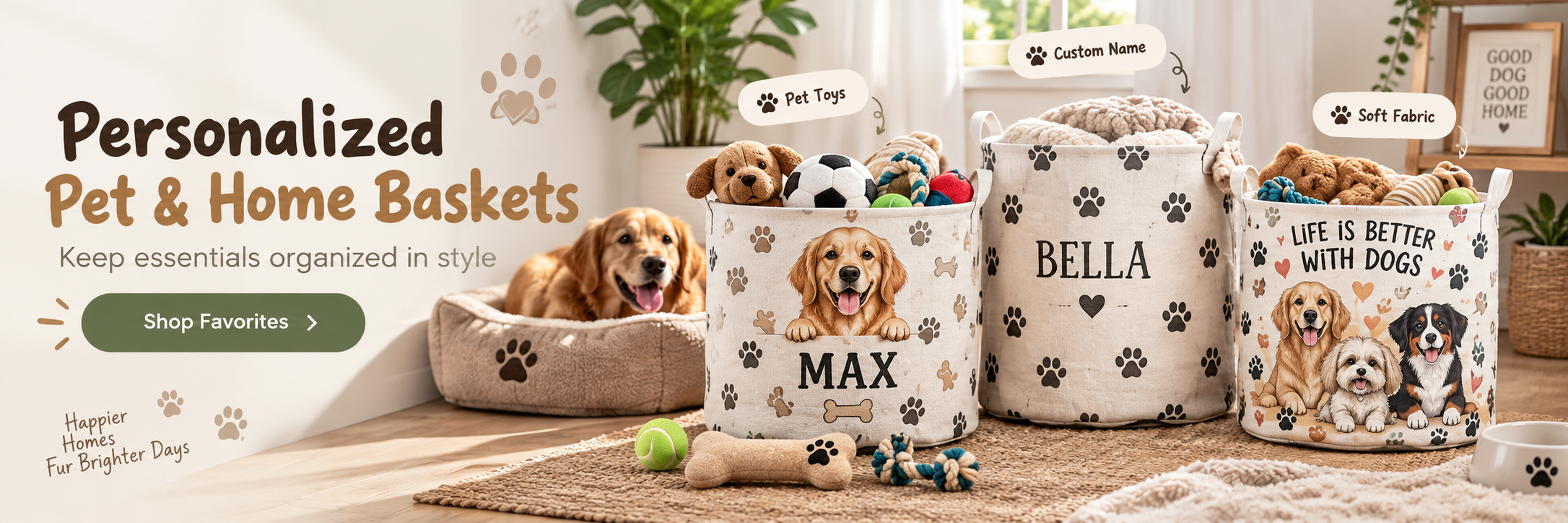 Personalized storage baskets in a styled home