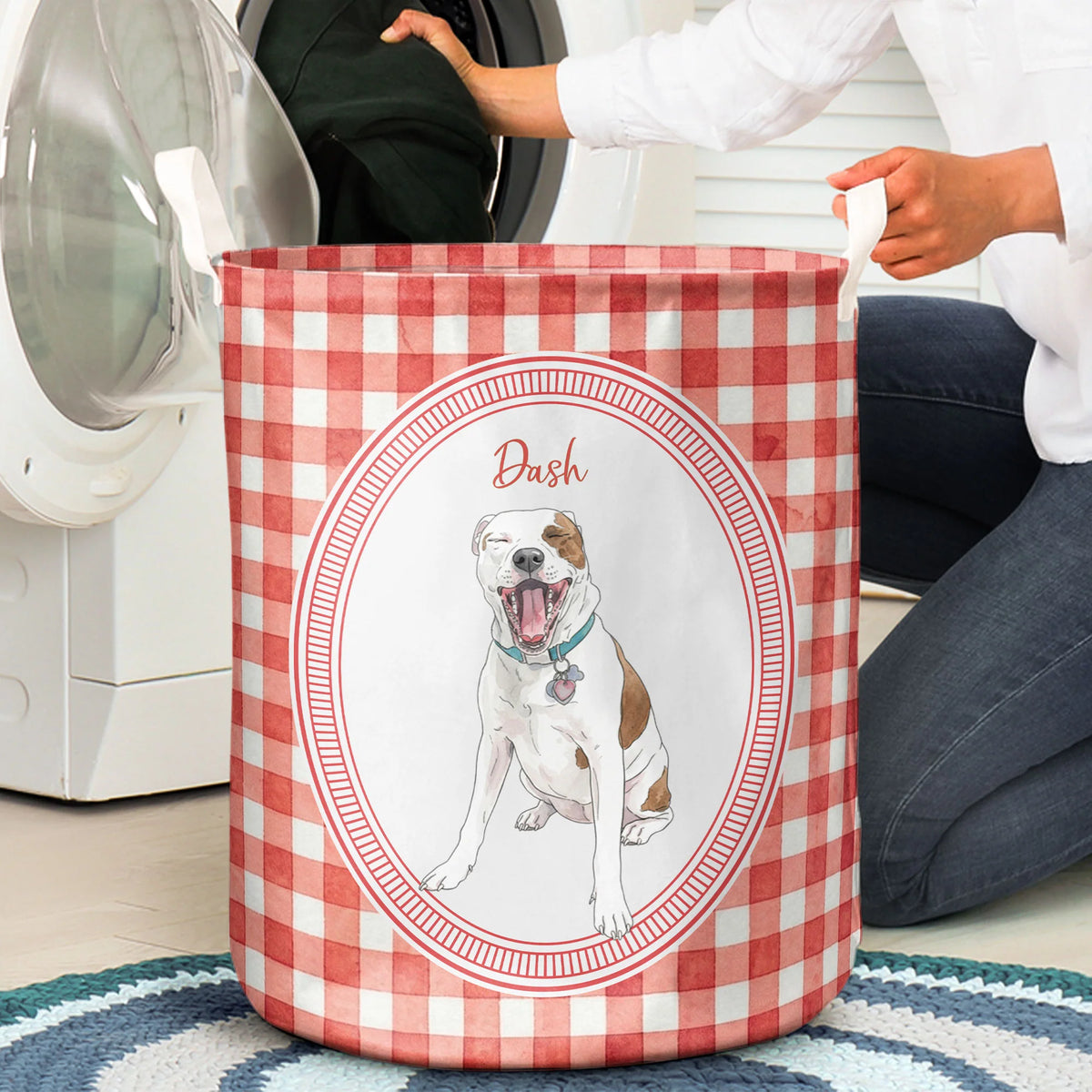 Custom Watercolor Pet Portrait Striped Pattern - Personalized Basket